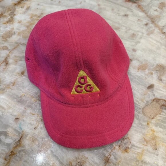 Vintage Nike ACG Fleece Hat Pink Yellow Logo Outdoor Hiking Cap Adjustable - Picture 1 of 3